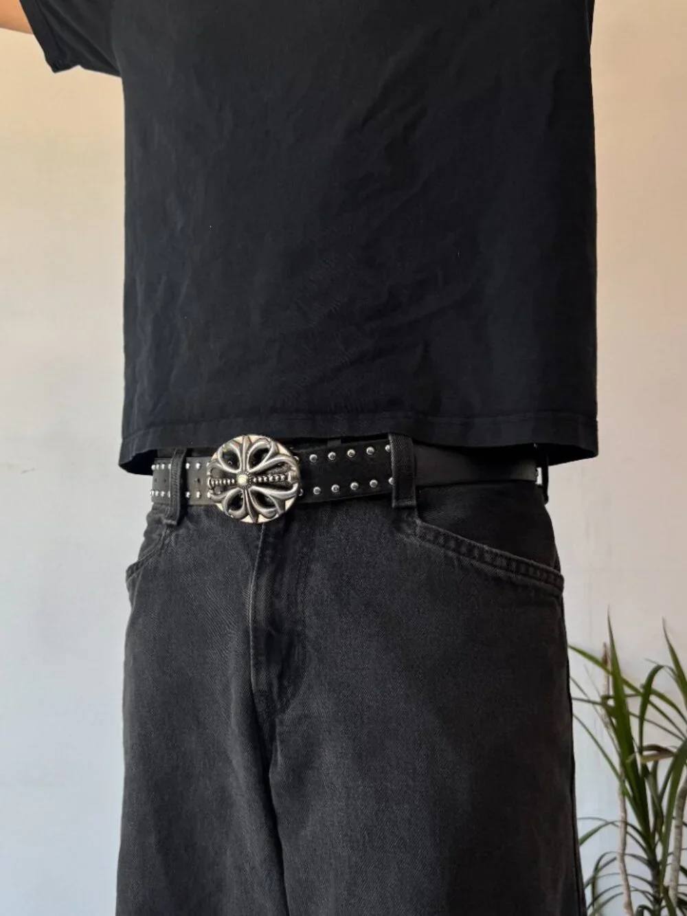 Black Faux Leather Studded Silver Cross Buckle Belt